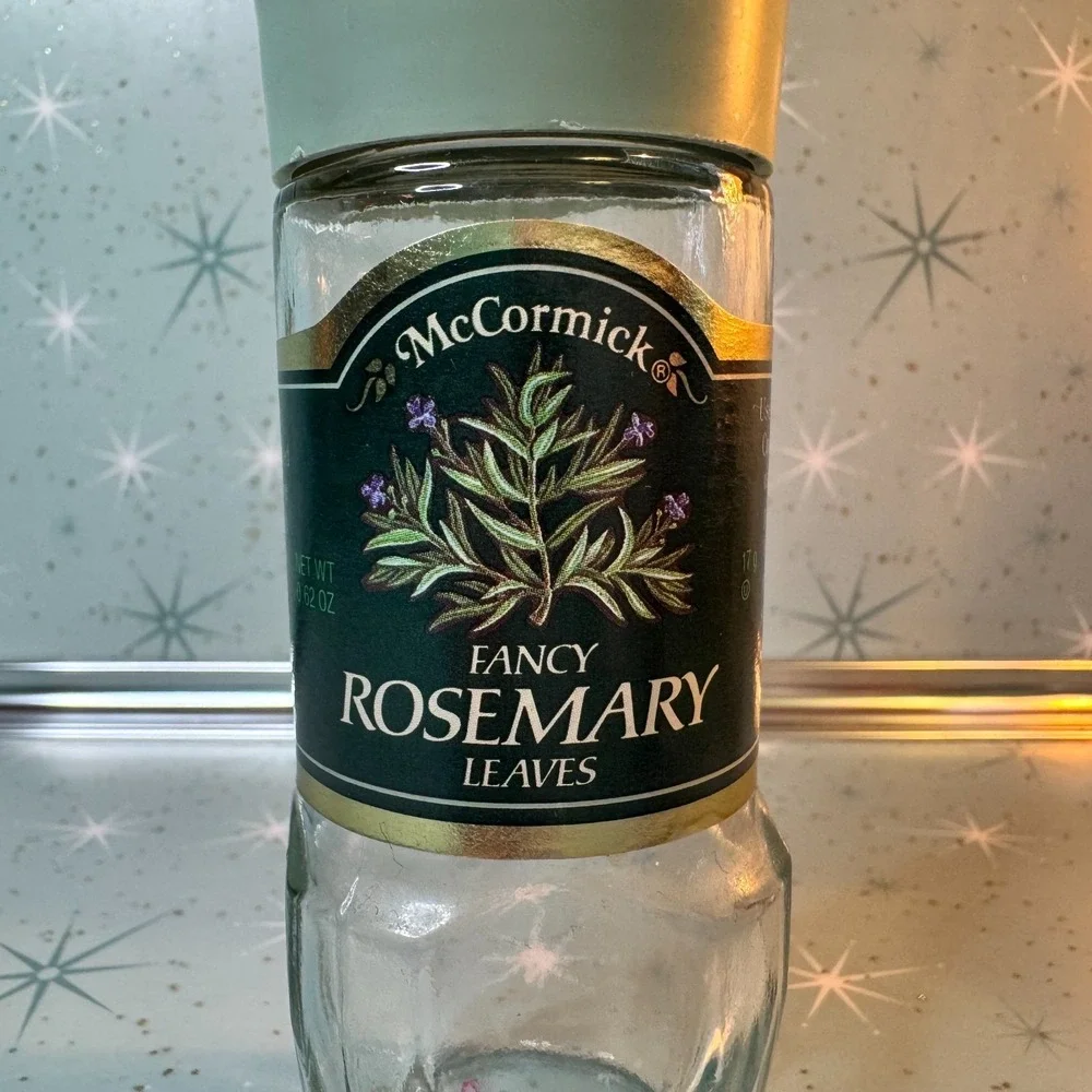 Vintage McCormick Fancy Rosemary Leaves Jar Green Label Glass Spice Bottle Retro